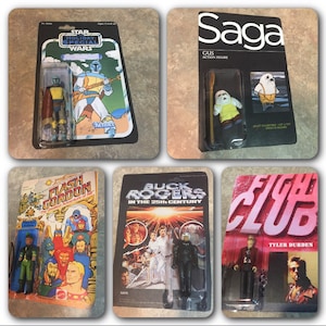 Op bestelling gemaakte gepersonaliseerde unieke retro actiefiguur van 4" op een aangepaste kaart van jou (of naar keuze*), Star Wars-stijl
