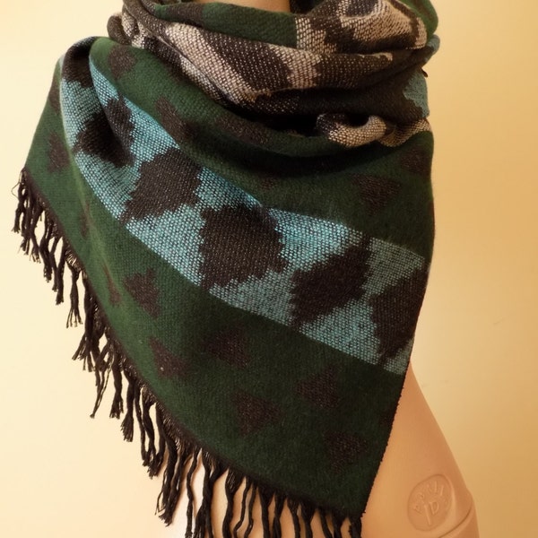 Blanket Scarf Winter Shawl Scarf Aztec Black Green Blue gray Neck Wrap,Oversized Kilim Aztec Blanket Scarf,Geometric Shawl,Kilim scarf,Aztec