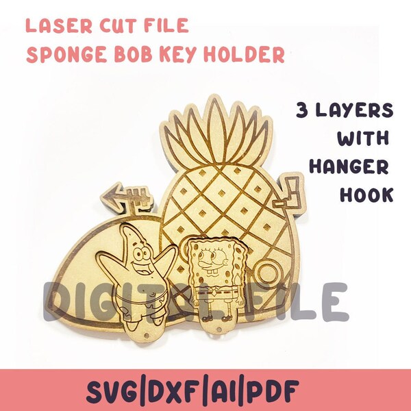 Digital file for laser cutting. SpongeBob and Patrick key holder. Pineapple under the sea. cnc laser. svg, dxf, ai and pdf. 3 layers.