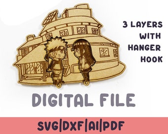 LASER cut file Uzumaki House. Laser Cut File. Naruto and Hinata keychains. cnc. svg, dxf, ai and pdf. 3 layers. Anime key holder.