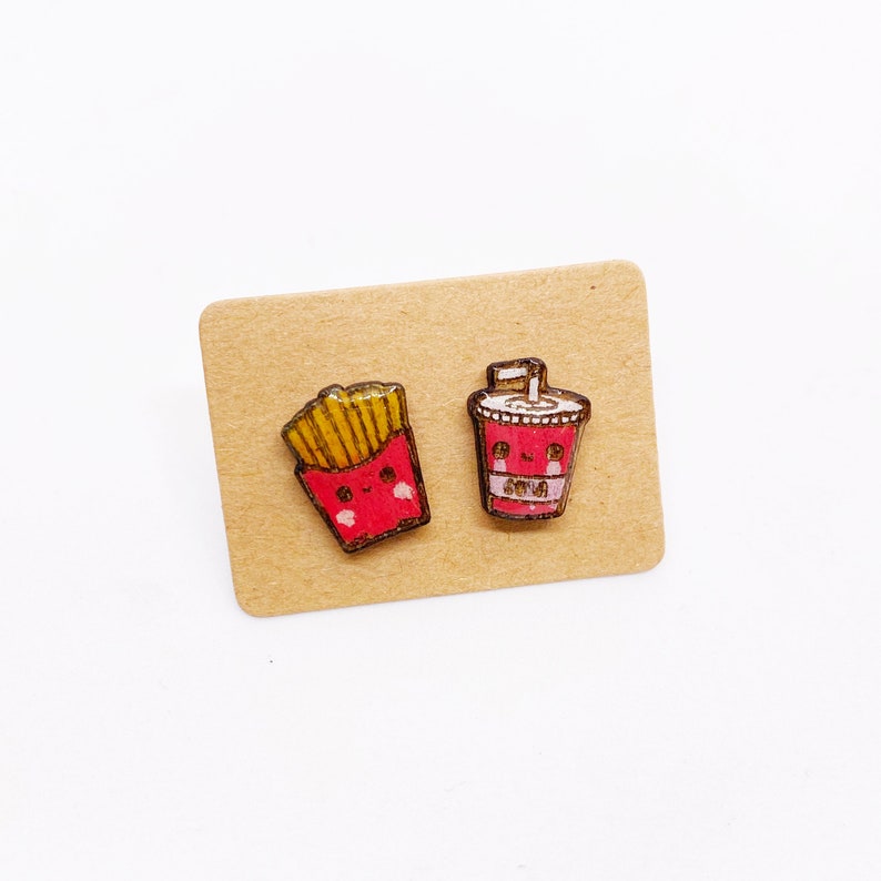 Soda and French Fries Earrings Wooden Earring Laser Cut Fun Kawaii Hand Painted Button Earrings Patatas + Refrescos