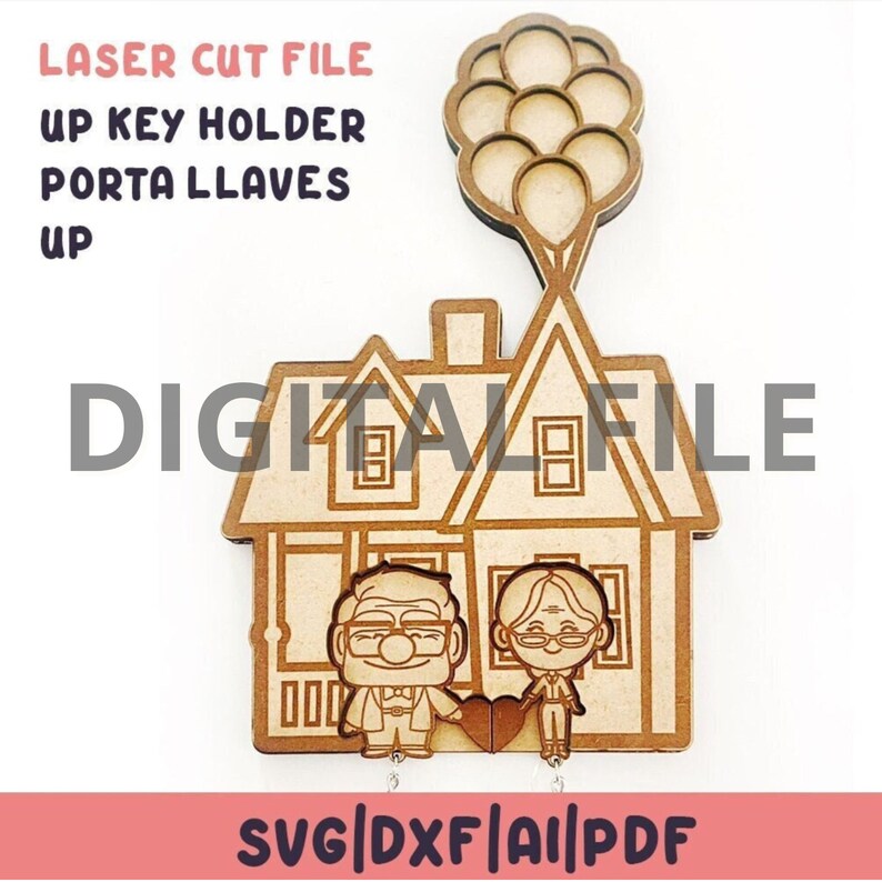 LASER cut file Casa UP. Laser Cut File. UP keychain. Carl and Ellie. cnc. svg, dxf, ai and pdf. 3 layers. Movie up key holder. image 1