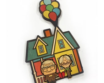 UP color keychain. UP house key holder. Carl and Ellie movie keychain. DM wood. Full color