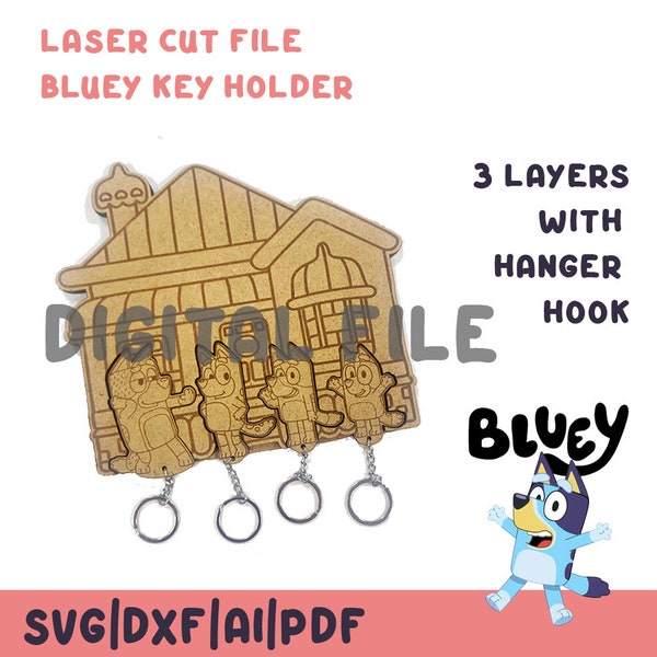 Bluey. LASER cut file keychain. Key holder. CNC laser. SVG, dxf, ai and pdf editable. 3 layers. Bluey, Bingo, Bandit and Chilli Heeler.