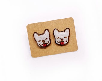 Pendientes perrito bulldog blanco | Pendientes de madera| Corte láser | Pintado a mano | Pendientes botón| STUD | Resina | niñas y mujeres