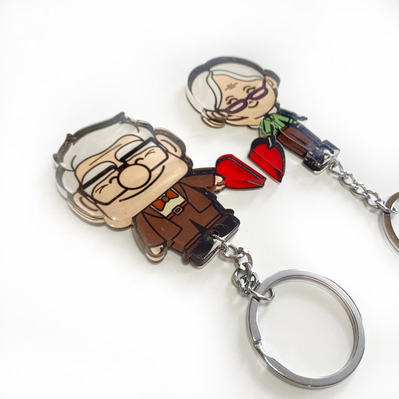 UP color keychain. UP house key holder. Carl and Ellie movie keychain. DM wood. Full color Only Acr. Keychain