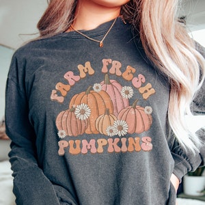Fall Pumpkins Long Sleeve Comfort Colors Tee | retro trendy pumpkins with flowers | long sleeved top | graphic tee | fall shirt