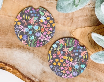 Boho Watercolor Wildflowers set of 2 car coasters | new car Gift | Coworker Gift | Cute Car Accessory | Cup Holder Coaster | Birthday gift