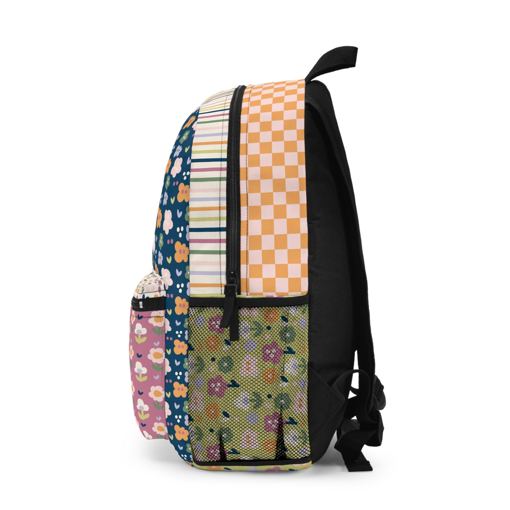 Floral Checkered Backpack, Personalized Name Bag, Cute Vintage Style ...