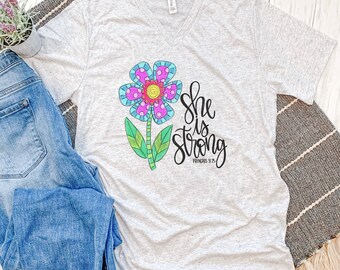 Cute chrisitian t-shirt | spiritual graphic tee | church tshirt | cute shirt for women | She Is Strong | Mothers Day Gift