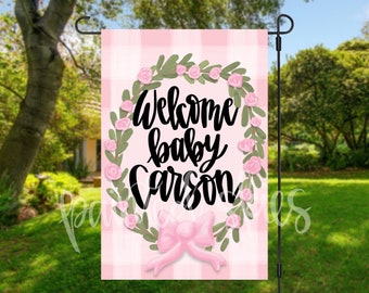 Custom Baby shower Garden Flag | baby announcement | baby girl | personalized birth announcement sign | pink bow | welcome baby flag