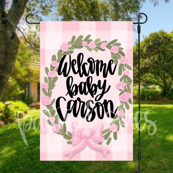 Custom Baby shower Garden Flag | baby announcement | baby girl | personalized birth announcement sign | pink bow | welcome baby flag