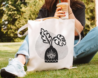Retro Plant Printed Tote Bag | Boho Tote | Book Lover Tote Bag | Reusable Eco Friendly Shopping Bag | Aesthetic Tote Bag | Famers Market Bag