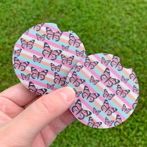 Butterfly car Coaster | Set of 2 coasters | new car Gift | Coworker Gift | Cute Car Accessory | Cup Holder Coaster | Birthday gift | pink