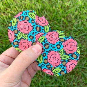 Aqua floral leopard car Coaster | Set of 2 coasters | new car Gift | Coworker Gift | Cute Car Accessory | Cup Holder Coaster | Birthday gift