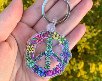 Floral Peace Sign Key Chain | Inspirational Keychain | Gift | Teacher gift | Graduation Gift | Hippie | Boho | Rainbow | Flowers