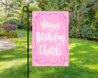 Personalized Pink Preppy Coquette Bow Birthday Garden Flag