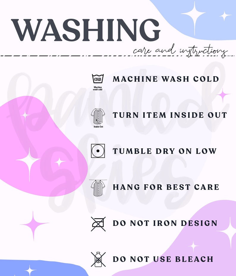 K&ouml;nnte beinhalten: Eine Grafik mit Waschanweisungen. Der Text lautet "WASHING care and instructions". Anweisungen umfassen Maschinenw&auml;sche kalt, Artikel auf links drehen, im Trockner bei niedriger Temperatur trocknen, zum besten Ergebnis aufh&auml;ngen, Design nicht b&uuml;geln und keine Bleiche verwenden.