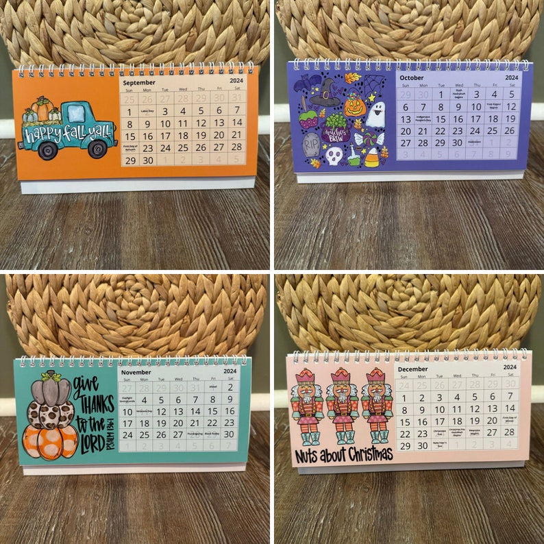 May include: Four seasonal desk calendars for 2024. Each calendar features a different theme: fall, Halloween, Thanksgiving, and Christmas. The calendars have a spiral binding and include the month's days.