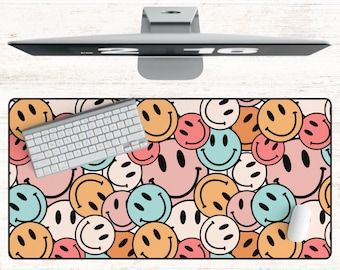 Large Retro Happy Desk Mat | Desk Accessory | Pretty Desk Pad | Mat For Desk | Desk Topper | Trendy Workspace | smile