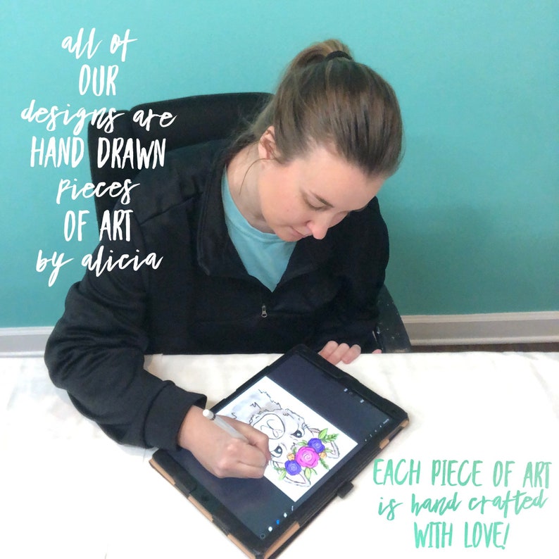 May include: A woman is drawing a llama with flowers on a digital tablet. The text on the image reads "all of OUR designs are HAND DRAWN Pieces OF ART by alicia" and "EACH PIECE OF ART is hand crafted WITH LOVE!"