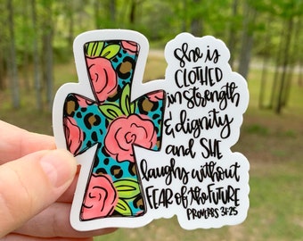 Floral leopard cross proverbs 31:25 Sticker | Laptop Sticker | Sticker Collector | Vinyl Sticker | Decal | Christian Gift | leopard | bottle