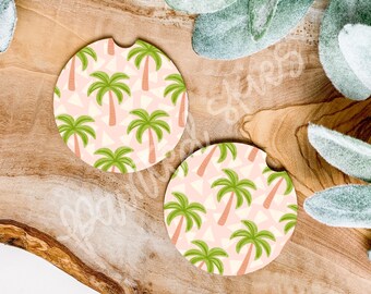 Preppy Palm Trees Bows set of 2 car coasters | new car Gift | Coworker Gift | Cute Car Accessory | Cup Holder Coaster | trendy car coasters
