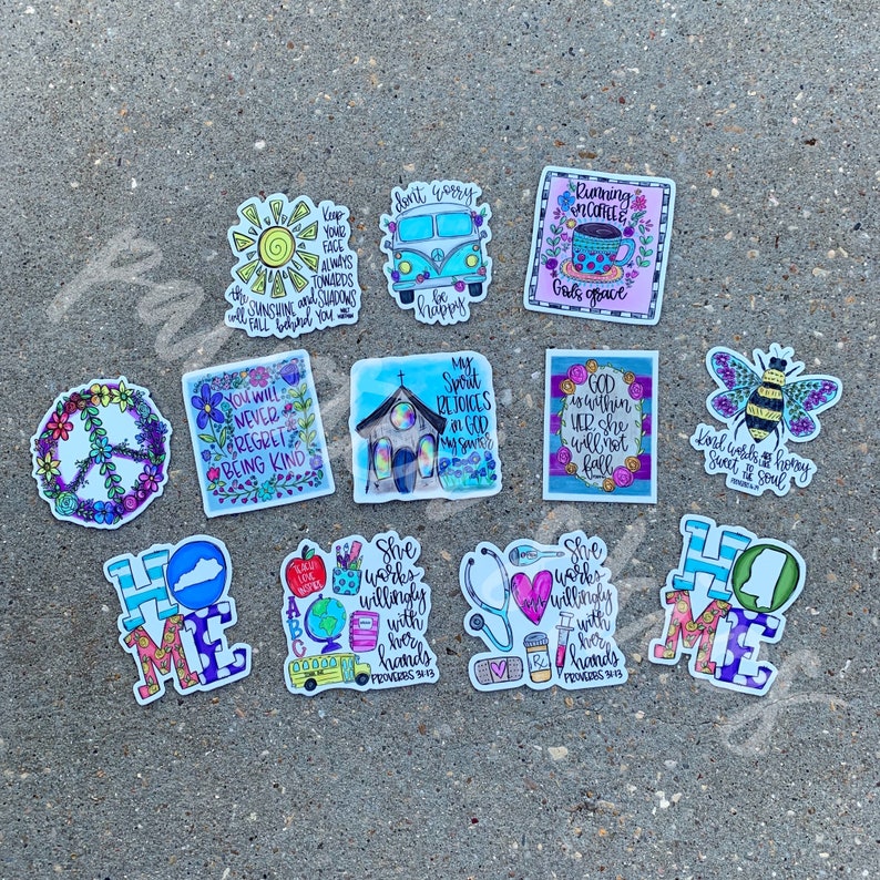 May include: A set of 10 colorful stickers with various inspirational quotes and designs. The stickers feature a peace sign, a bee, a church, a van, a coffee cup, a sun, a stethoscope, a school bus, and a home. The stickers are perfect for adding a touch of personality to laptops, water bottles, journals, and more.