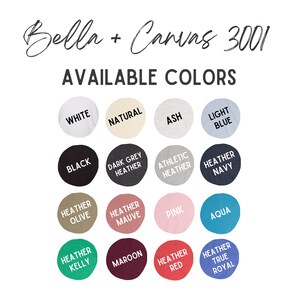 K&ouml;nnte beinhalten: Eine Farbkarte f&uuml;r Bella + Canvas 3001 Bekleidung mit einer Vielzahl von Farben. Die Karte enth&auml;lt Farben wie Wei&szlig;, Natur, Asch, Hellblau, Schwarz, Dunkelgrau-Melange, Athletic-Melange, Marine-Melange, Heather Olive, Heather Mauve, Pink, Aqua, Heather Kelly, Bordeaux, Heather Red und Heather True Royal.