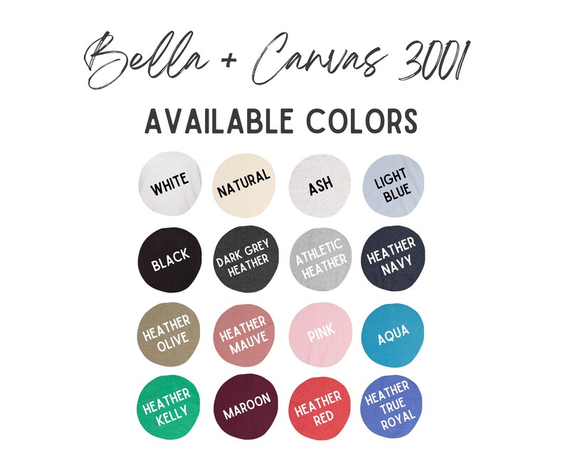 K&ouml;nnte beinhalten: Eine Farbkarte f&uuml;r Bella + Canvas 3001 Bekleidung mit einer Vielzahl von Farben. Die Karte enth&auml;lt Farben wie Wei&szlig;, Natur, Asch, Hellblau, Schwarz, Dunkelgrau-Melange, Athletic-Melange, Marine-Melange, Heather Olive, Heather Mauve, Pink, Aqua, Heather Kelly, Bordeaux, Heather Red und Heather True Royal.