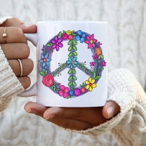 Floral Peace Sign Ceramic 11 OZ Coffee Mug | Coffee Mug For Mom | Gift For Mom | Mother&#39;s Day Gift | Pretty Mug