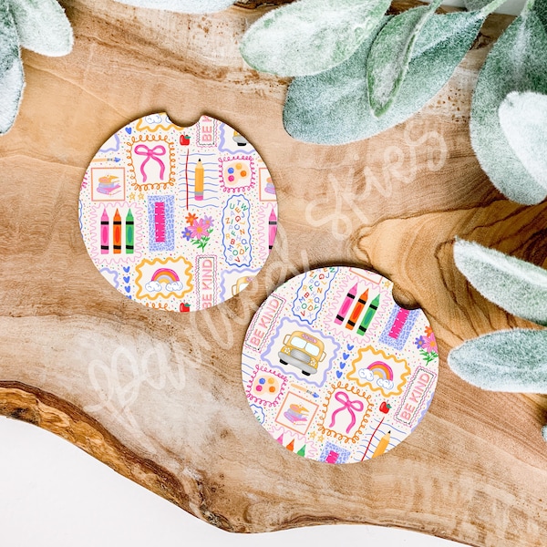 Preppy School Teacher Doodles set of 2 car coasters | new car Gift | Coworker Gift | Cute Car Accessory | Cup Holder Coaster | Birthday gift