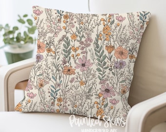 Boho Wildflower Garden Throw Pillow Cover | Whimsy Floral Design | Colorful Boho Home Decor | Nature-Inspired Cushion Case