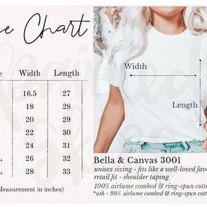 K&ouml;nnte beinhalten: Ein wei&szlig;es T-Shirt mit Gr&ouml;&szlig;entabelle und Produktdetails. Die Tabelle zeigt Ma&szlig;e in Zoll f&uuml;r die Gr&ouml;&szlig;en XS bis 3XL. Der Text lautet "Bella & Canvas 3001" und beschreibt den Stoff als 100 % gek&auml;mmte und ringgesponnene Baumwolle.