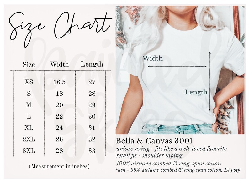 K&ouml;nnte beinhalten: Ein wei&szlig;es T-Shirt mit Gr&ouml;&szlig;entabelle und Produktdetails. Die Tabelle zeigt Ma&szlig;e in Zoll f&uuml;r die Gr&ouml;&szlig;en XS bis 3XL. Der Text lautet "Bella & Canvas 3001" und beschreibt den Stoff als 100 % gek&auml;mmte und ringgesponnene Baumwolle.