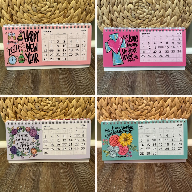 May include: A set of four 2024 desk calendars with spiral binding. Each calendar features a different design with inspirational quotes and floral or celebratory graphics. The months are January, February, March, and April.