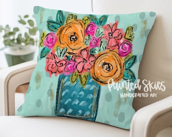 Whimsical Painted Flower Jar Throw Pillow Cover | Whimsy Floral Design | Colorful Boho Home Decor | Nature-Inspired Cushion Case