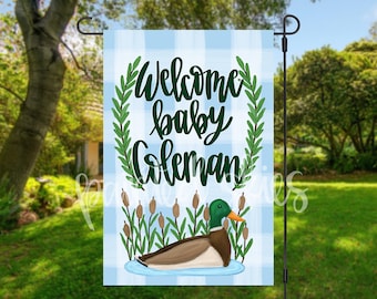 Bandera personalizada del jardín del baby shower / anuncio del bebé / niño / signo de anuncio de nacimiento personalizado / pato real / bandera del bebé de bienvenida