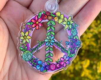 Floral Peace Sign Key Chain | Inspirational Keychain | Gift