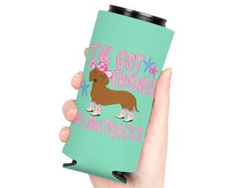I've Got Friends in Low Places Can Cooler | Cowboy Dachshund Koozie | Wiener Dog Gift | Country Music Can Cooler | Regular and Slim Sizes