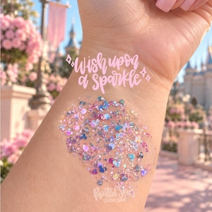 May include: A swatch of multi-colored cosmetic glitter applied to skin, featuring pink, blue, and iridescent hexagonal and heart-shaped particles. The text "Wish upon a Sparkle" is written in light pink script above the glitter swatch.