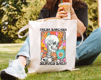 Funny Skeleton Printed Tote Bag | Book Lover Tote Bag | Reusable Eco Friendly Shopping Bag | Aesthetic Tote Bag | Famers Market Bag