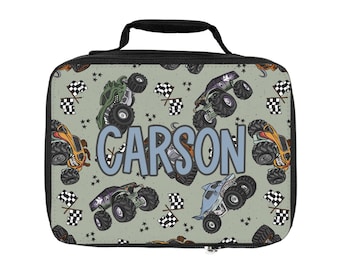 Personalized Boys Monster Truck Lunchbox | Insulated Lunch Box with Name | Back to School | Kids Lunch Tote | Custom Lunchbag