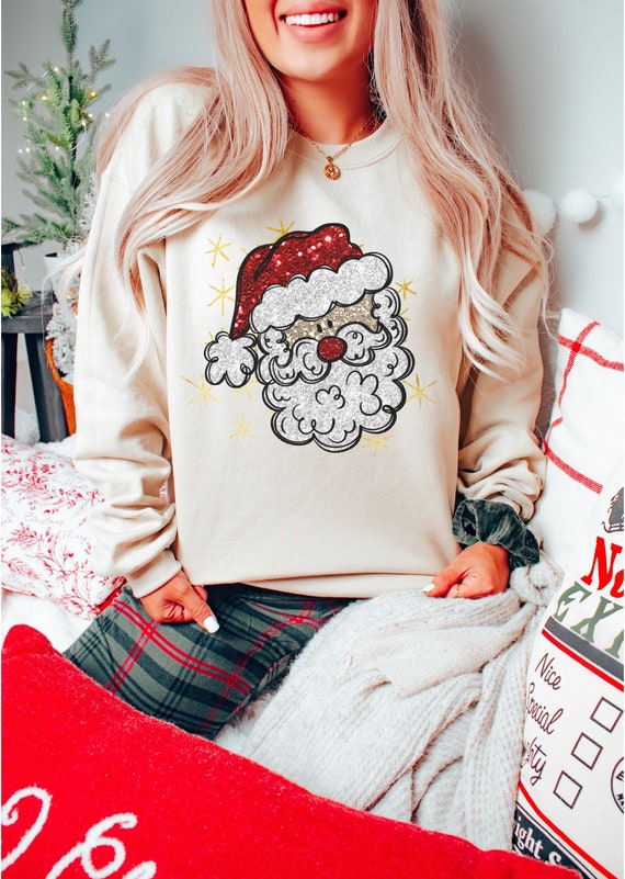 Sweat-shirt De Noël à Paillettes Pour Femme - Imprimé Père Noël, Col Rond, Manches Longues, 100% Polyester - 4