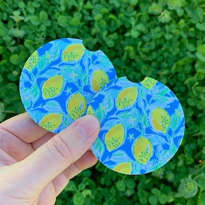 Blue lemon car Coaster | Set of 2 coasters | Easter Gift | Coworker Gift | Cute Car Accessory | Cup Holder Coaster | Birthday gift