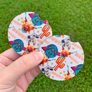 Howdy western collage set of 2 car coasters | new car Gift | Coworker Gift | Cute Car Accessory | Cup Holder Coaster | Birthday gift