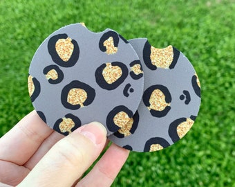 Greige glitter leopard car Coaster | Set of 2 coasters | Easter Gift | Coworker Gift | Car Accessory | Cup Holder Coaster | Birthday gift