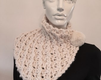 Angled Hand Knitted Chunky Neck Scarf with Pom Pom...