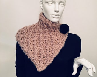 Angled Hand Knitted Neck Scarf Wrap with Pom Pom...