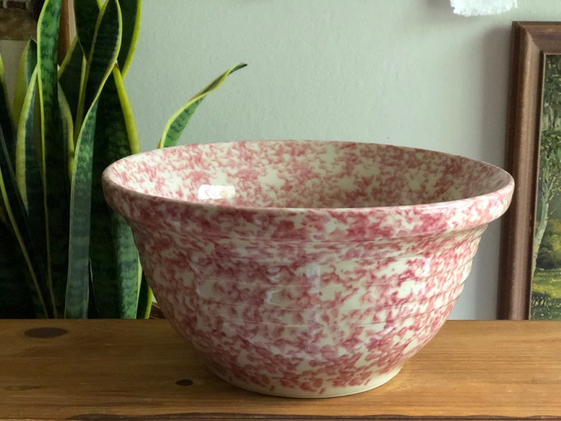 Farmhouse Shabby Chic Kitchen Decor Friendship Pottery Pink Sponged Bowl Roseville Ohio Pink Sponged Vintage Stoneware Mixing Bowl